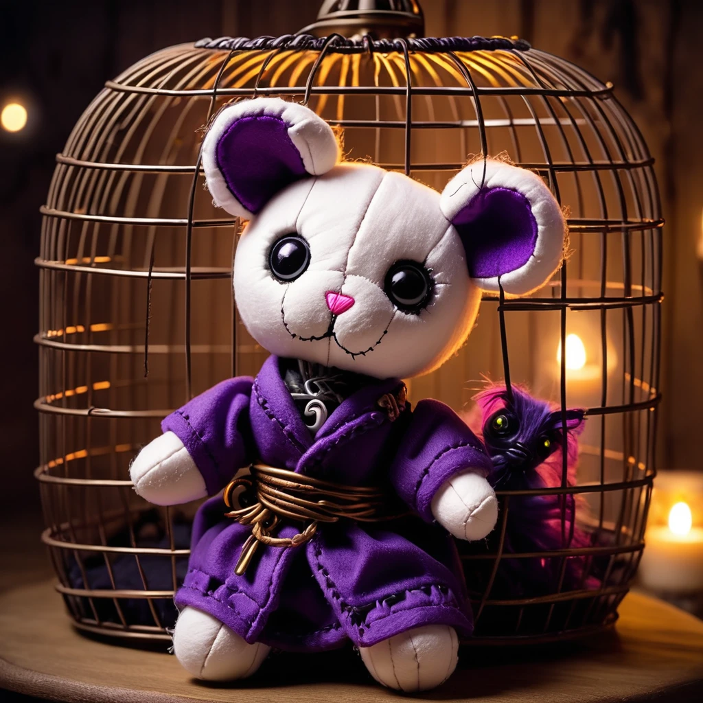 (knitted toy voodoo doll:1.7), (Voodoo Hamster in Cage:1.3), (Clothing: dark fur with glowing purple accents:1.0), (Accessories: enchanted cursed wheel, glowing ethereal bedding, mystical haunted pet room:1.2), (background: eerie pet room with floating, glowing dust and faint scratching sounds:1.2), best quality, masterpiece, detailed soft oil painting, detailed background, dramatic cinematic lighting, soft edge lighting, professional, dramatic lighting, hard edge lighting, ultra quality, 4k, masterpiece, best quality, 8k, ultra high definition, high resolution, extremely detailed
