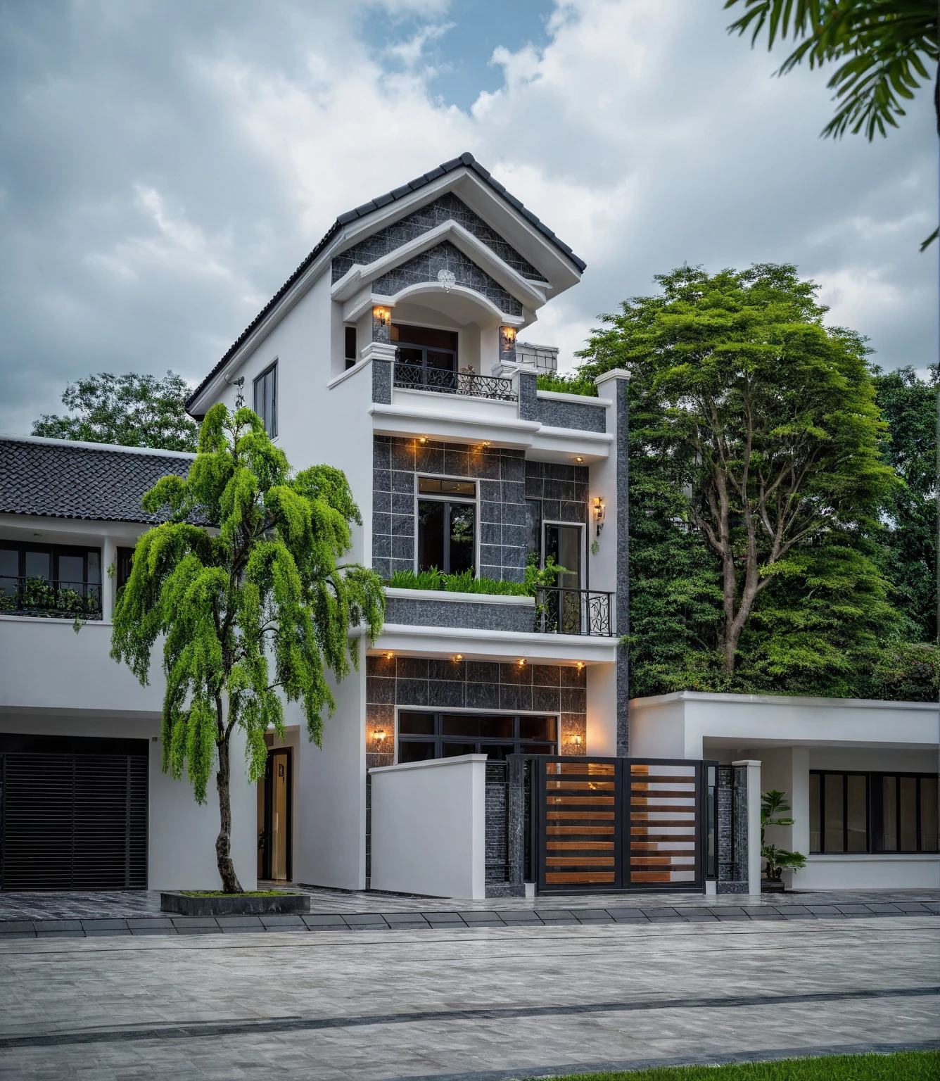 (bright image), A double story modern style house in the middle of Vietnam, (dark grnite tiled wall),(classic detail), simple and elegant architecture with white walls on top half and grey tiles roof, large windows with, entrance door is white with arched shape, bonsai trees, wide tile stone courtyard, professional photography, daylight, natural light, high resolution photography, (best quality, ultra realistic, masterpiece:1.15)