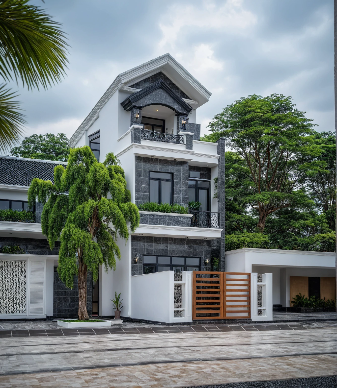 (bright image), A double story modern style house in the middle of Vietnam, (dark grnite tiled wall),(classic detail), simple and elegant architecture with white walls on top half and grey tiles roof, large windows with, entrance door is white with arched shape, bonsai trees, wide tile stone courtyard, professional photography, daylight, natural light, high resolution photography, (best quality, ultra realistic, masterpiece:1.15)