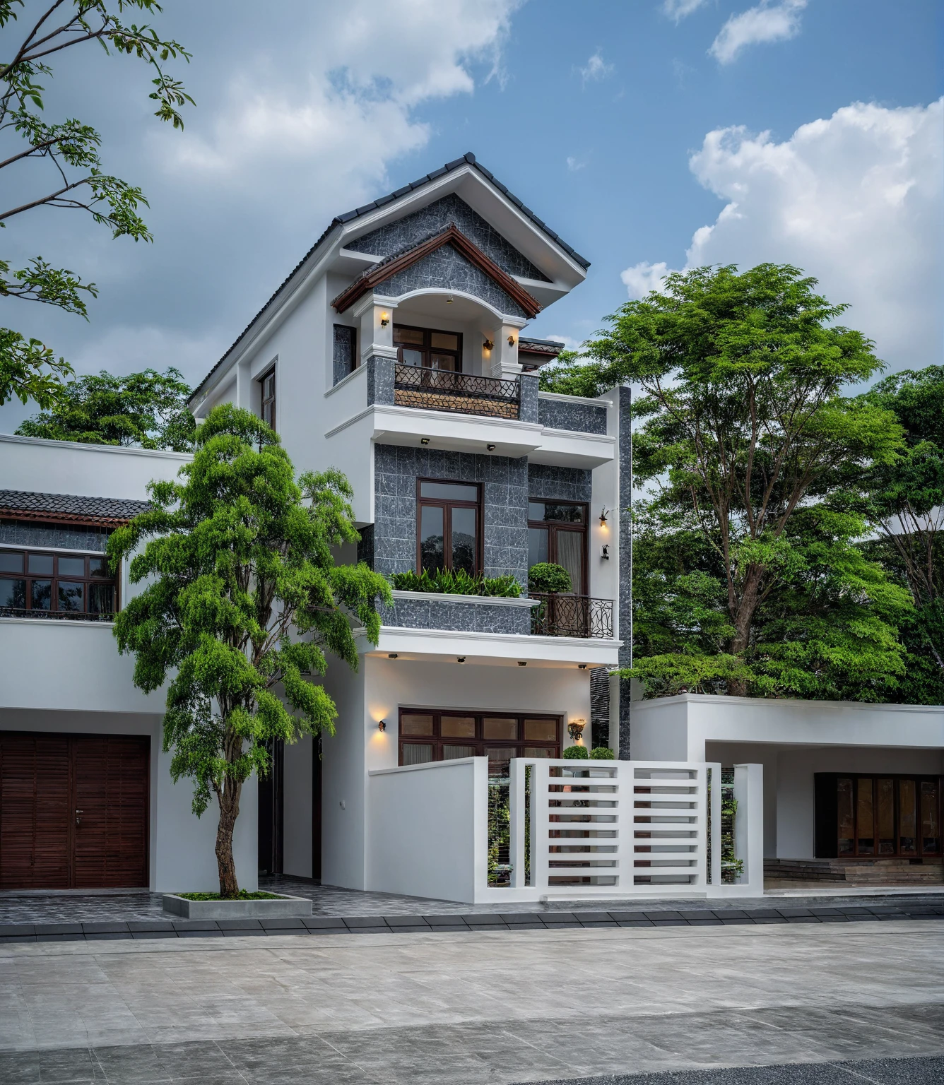 (bright image), A double story modern style house in the middle of Vietnam, (dark grnite tiled wall),(classic detail), simple and elegant architecture with white walls on top half and grey tiles roof, large windows with, entrance door is white with arched shape, bonsai trees, wide tile stone courtyard, professional photography, daylight, natural light, high resolution photography, (best quality, ultra realistic, masterpiece:1.15)