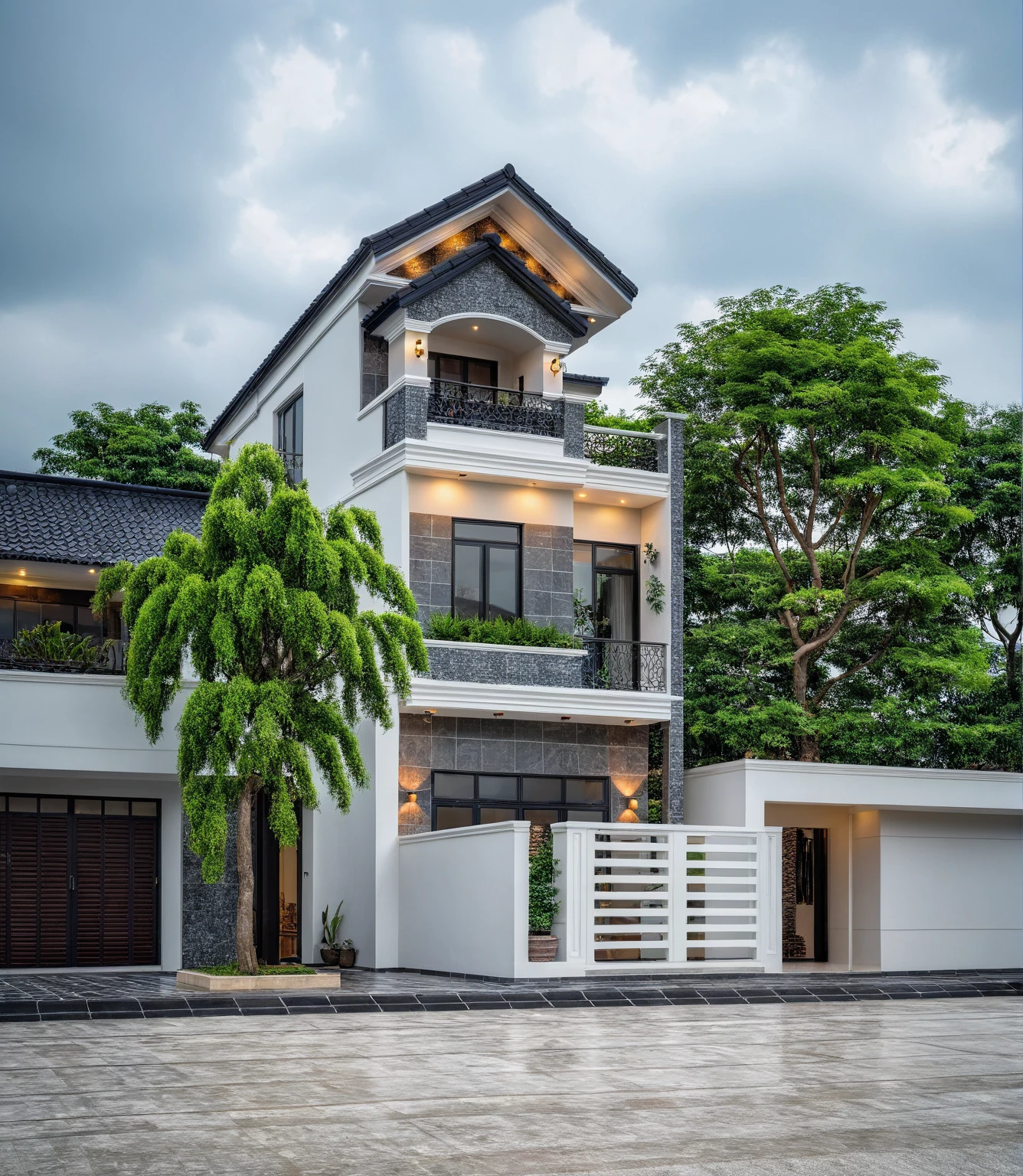 (bright image), A double story modern style house in the middle of Vietnam, (dark grnite tiled wall),(classic detail), simple and elegant architecture with white walls on top half and grey tiles roof, large windows with, entrance door is white with arched shape, bonsai trees, wide tile stone courtyard, professional photography, daylight, natural light, high resolution photography, (best quality, ultra realistic, masterpiece:1.15)