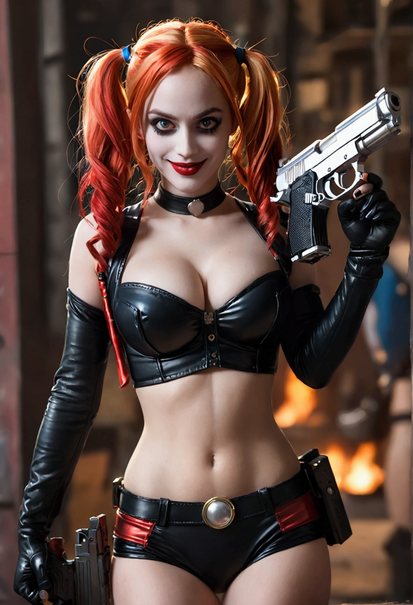 ultra realistic, photography, long red hair, girl, 24 years old, hourglass figure, perfect body, Flirty look, extremely detailed artgerm, in the style artgerm, small breasts, facing the camera, lens 35 mm, blur background, Harley Quinn costume, toy factory as background, a childrens toy gun in her hand, fake gun, toy gun, laughing