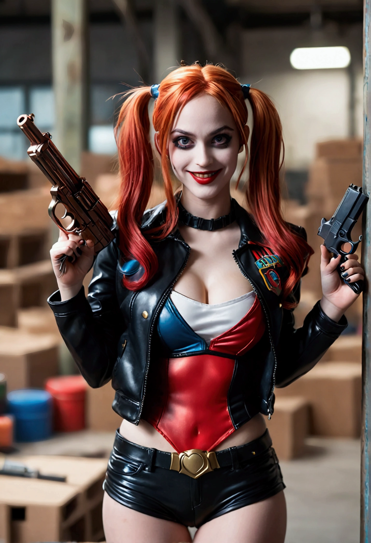ultra realistic, photography, long red hair, girl, 24 years old, hourglass figure, perfect body, Flirty look, extremely detailed artgerm, in the style artgerm, small breasts, facing the camera, lens 35 mm, blur background, Harley Quinn costume, toy factory as background, a childrens toy gun in her hand, fake gun, toy gun, laughing