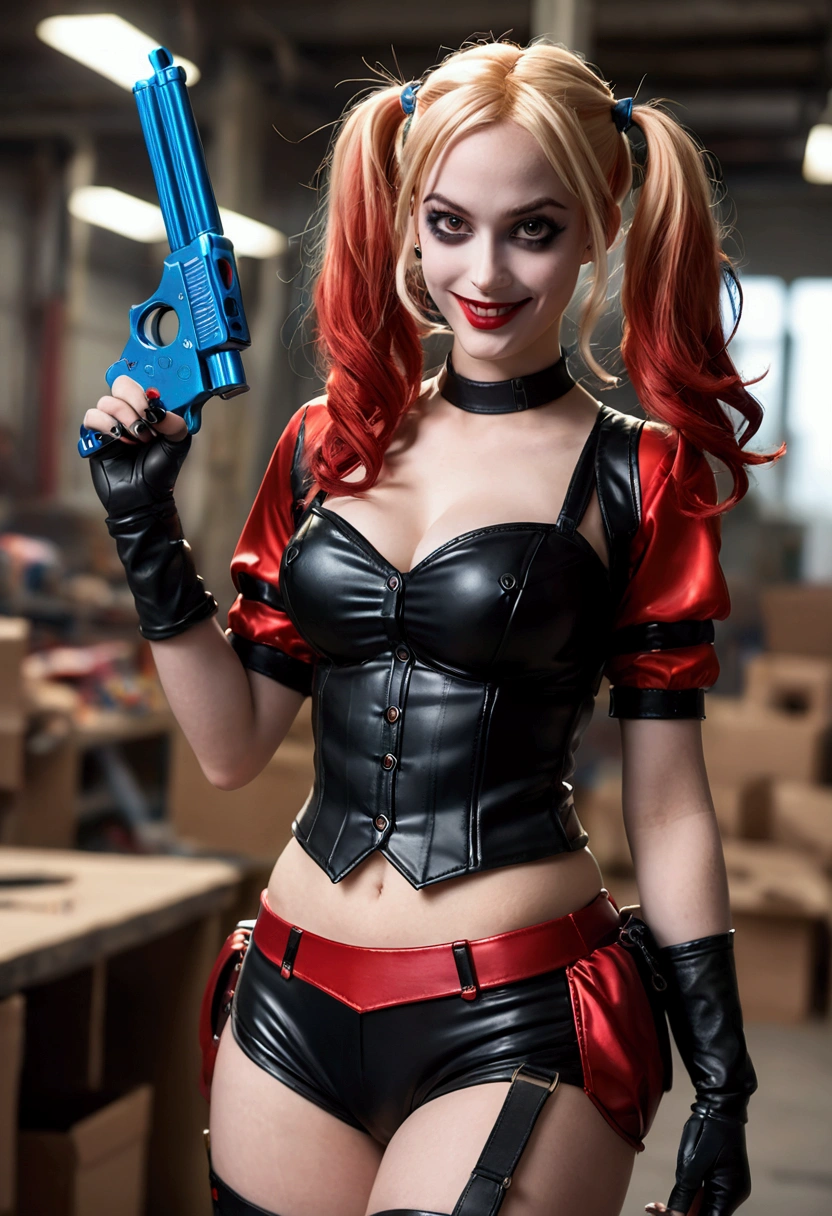 ultra realistic, photography, long red hair, girl, 24 years old, hourglass figure, perfect body, Flirty look, extremely detailed artgerm, in the style artgerm, small breasts, facing the camera, lens 35 mm, blur background, Harley Quinn costume, toy factory as background, a childrens toy gun in her hand, fake gun, toy gun, laughing