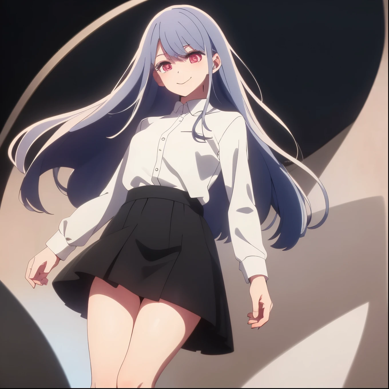 ((masterpiece, best quality)), (1girl), (solo), (female focus), (white hair, long hair), (red eyes), light smile, closed mouth, (white buttoned shirt), ((short black skirt)), bust-up, white background, dynamic angle, 25 year old woman