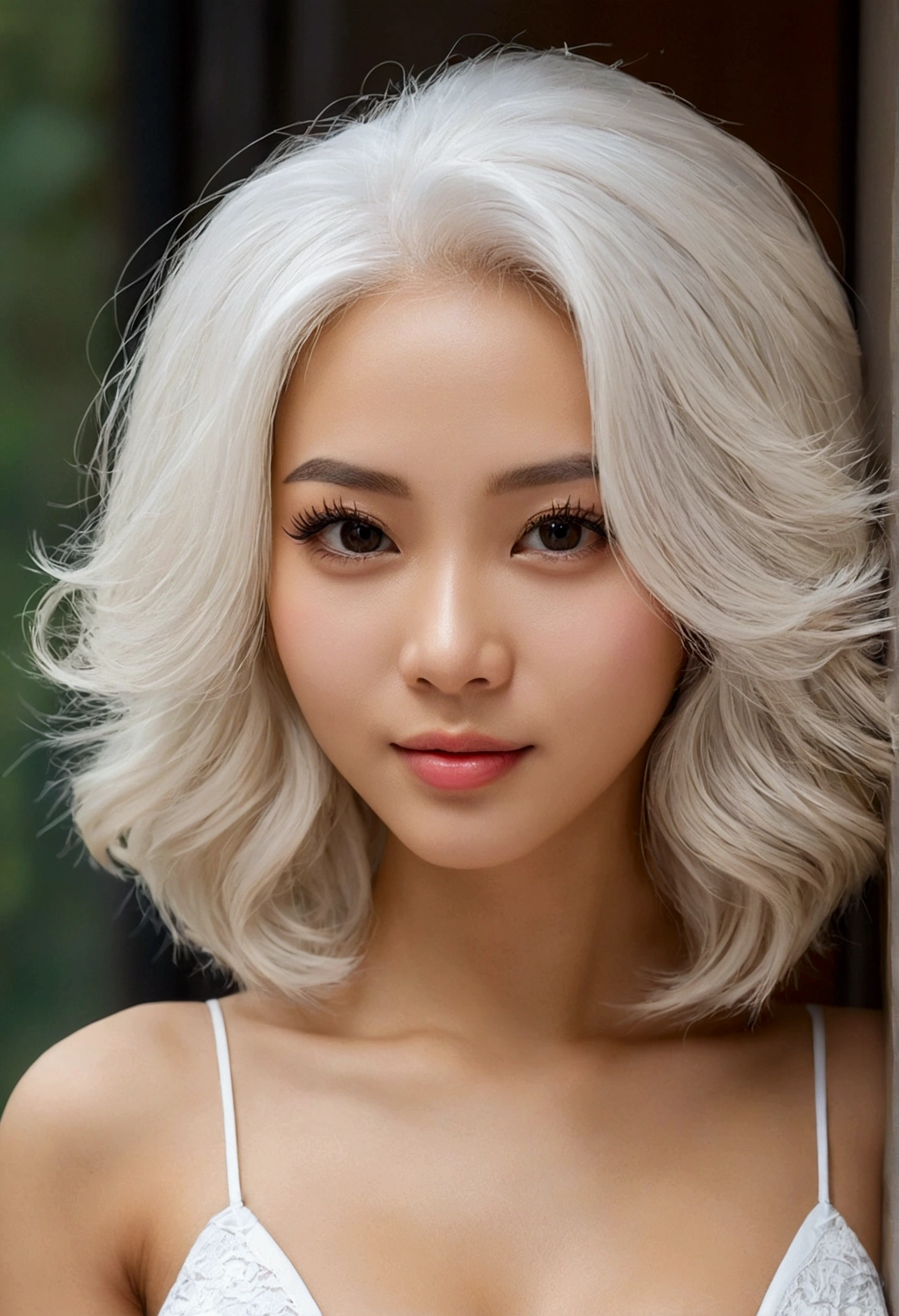 Beautiful woman with perfect body:1.4,Layered Hairstyle,Cleavage highlights:1.2,skirt:1.5,Highly detailed face and skin textures,Squinting,Double eyelids,Skin Whitening,White hair