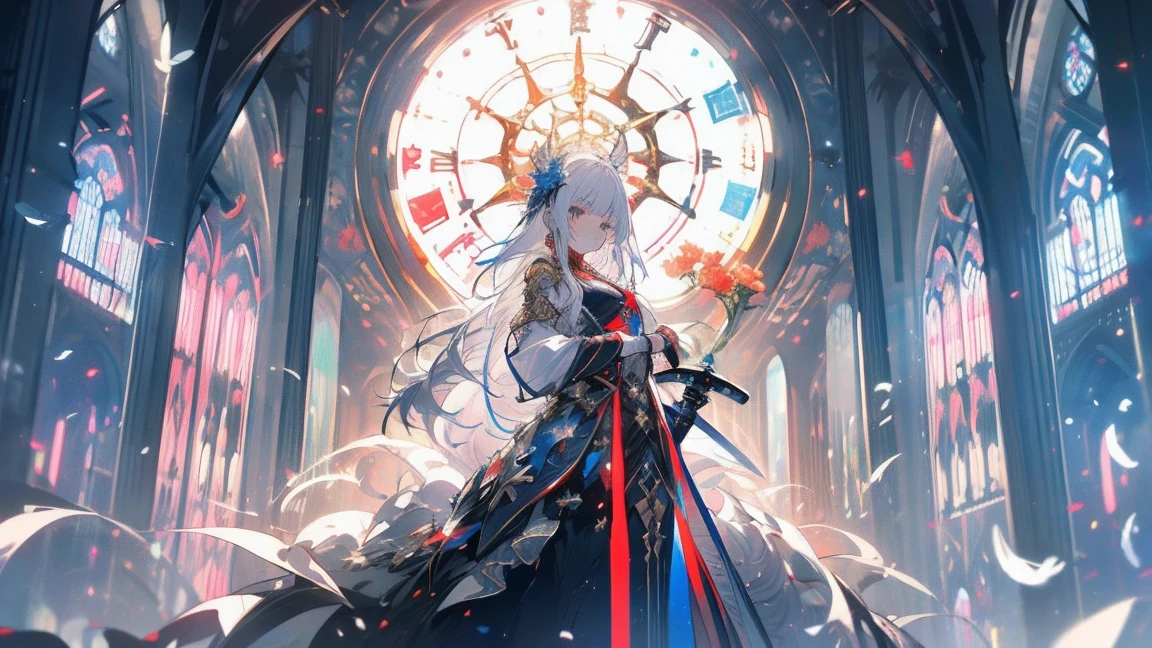 (Official Art、Highest quality、unity 8k wallpaper、32K、masterpiece、Very detailed、Ultra-high resolution、Realistic、realism、very interesting:1.2)、(Cinema Lighting:1.2)、Fire effect、Film Grain、The best shade、Edge lighting、Side light、(Very detailed且复杂的 3D 渲染)、细致Beautiful Face庞和眼睛、Sharp pupils、Realistic学生、Slender、１men and women、Medium Bust、(whole body:1.2)、 Beautiful Face、Beautiful 16 year old girl、(super fine muscle、Detailed skin texture:1.3)、(Silver Blonde、Blue-silver hair:1.3)、Paladin、Long Hair、Blunt bangs、Green Eyes、3 braids 1 bundle、(Blue Armor、Blue Boots、Blue Helmet、Decorated with jewels、Gold embroidery)、Slender、Long skirt、(Thighs Thighs Thighs Thighs:0.8)、(Chis、Inside the house、Art stained glass、Large Pipe Organ、Hello、mystery、a lot of feathers floating、Angelic、Particles of light、Severe、The sun、colorful、wonderful:1.2)、(wonderful:1.3)、(With the holy sword in hand:1.4)、wonderful、Laugh and laugh