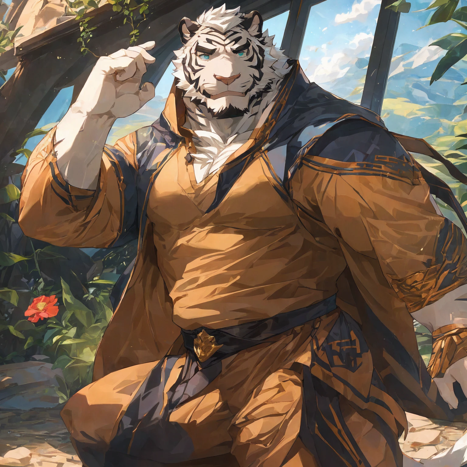 masterpiece,best quality,Detailed background,window,Sunlight,Solitary,Focus only,male,male focus,human nature,White Tiger Orc,(Sporty:1.5), (White fur,Black eyebrows:1.5), Exquisite eyes,Exquisite eyes,Agate Eye,5 fingers, (Transparent raincoat),Holding flowers,Smiling,Waiting for someone to knock him down,Yao Zhui,Strong body,majesty,He took the initiative to raise his hand. Hello ss hello rt,Eight hairy abdominal muscles and two pectoral muscles are exposed