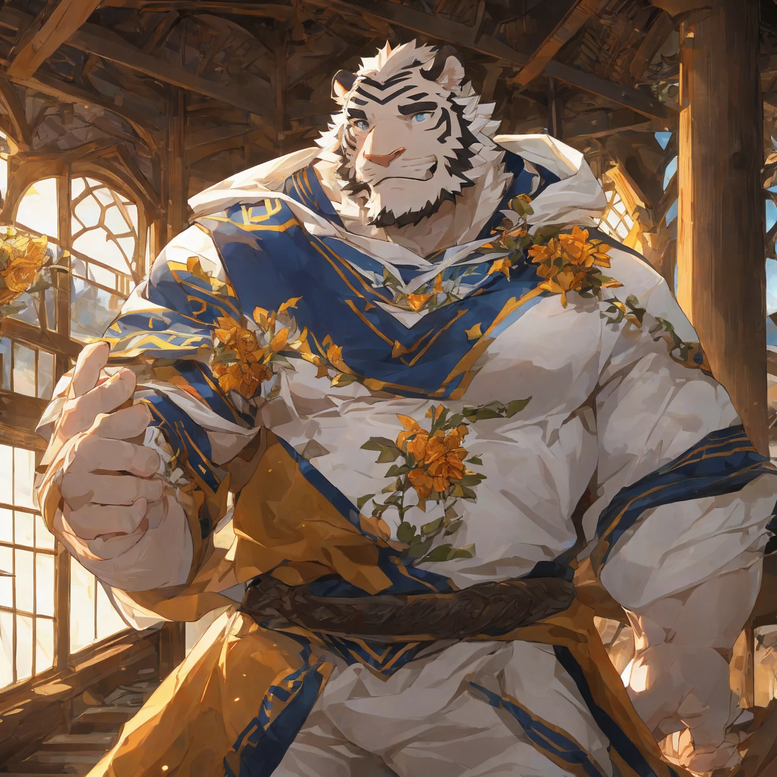 masterpiece,best quality,Detailed background,window,Sunlight,Solitary,Focus only,male,male focus,human nature,White Tiger Orc,(Sporty:1.5), (White fur,Black eyebrows:1.5), Exquisite eyes,Exquisite eyes,Agate Eye,5 fingers, (Transparent raincoat),Holding flowers,Smiling,Waiting for someone to knock him down,Yao Zhui,Strong body,majesty,He took the initiative to raise his hand. Hello ss hello rt,Eight hairy abdominal muscles and two pectoral muscles are exposed