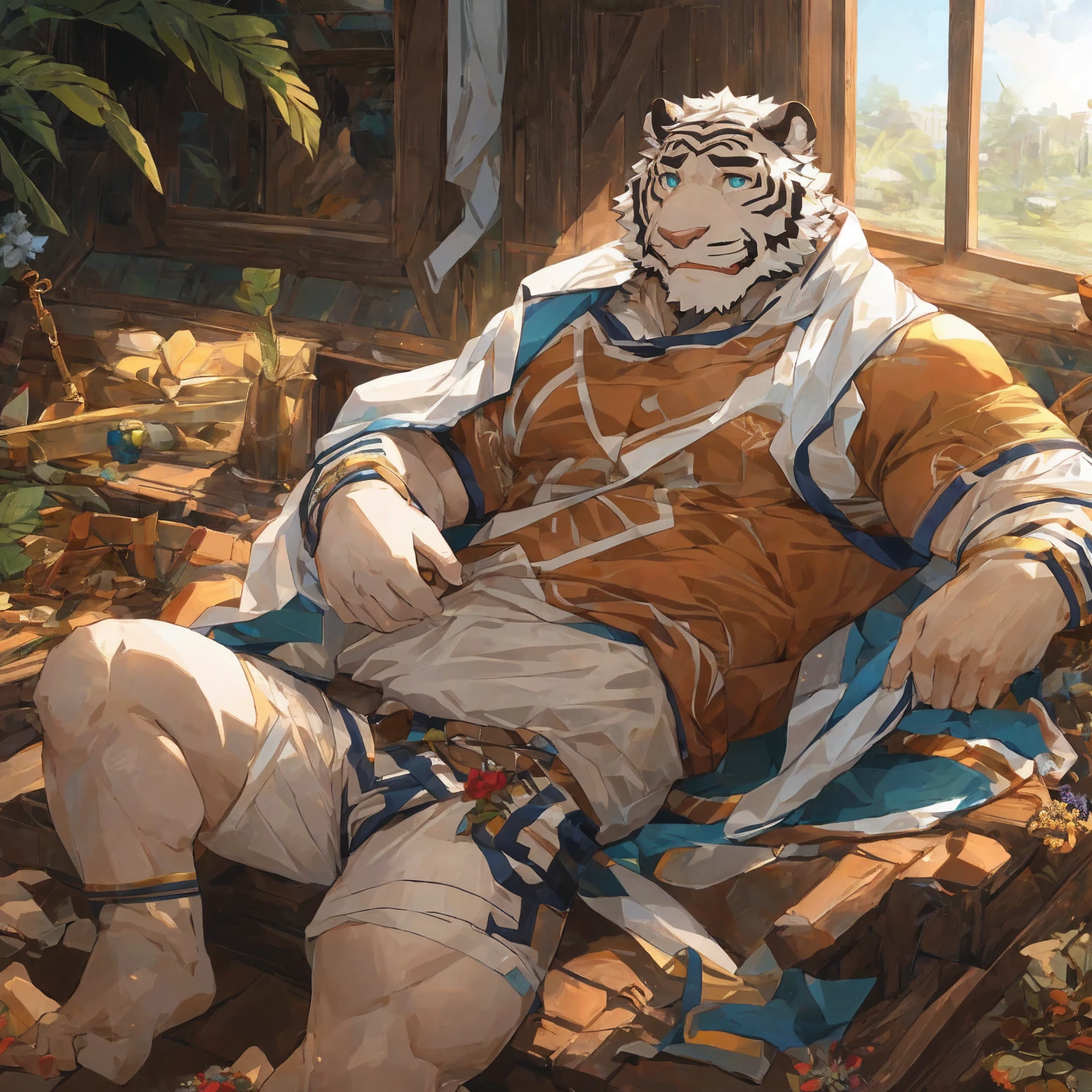 masterpiece,best quality,Detailed background,window,Sunlight,Solitary,Focus only,male,male focus,human nature,White Tiger Orc,(Sporty:1.5), (White fur,Black eyebrows:1.5), Exquisite eyes,Exquisite eyes,Agate Eye,5 fingers, (Transparent raincoat),Holding flowers,Smiling,Waiting for someone to knock him down,Yao Zhui,Strong body,majesty,He took the initiative to raise his hand. Hello ss hello rt,Eight hairy abdominal muscles and two pectoral muscles are exposed