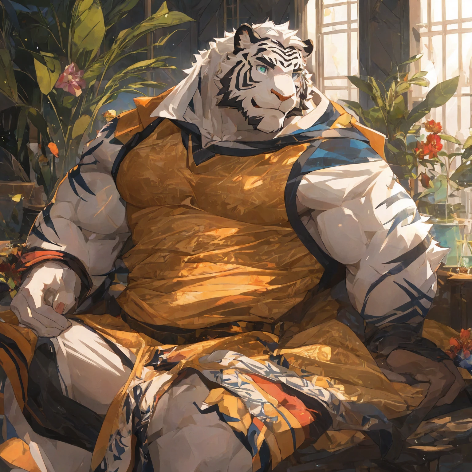 masterpiece,best quality,Detailed background,window,Sunlight,Solitary,Focus only,male,male focus,human nature,White Tiger Orc,(Sporty:1.5), (White fur,Black eyebrows:1.5), Exquisite eyes,Exquisite eyes,Agate Eye,5 fingers, (Transparent raincoat),Holding flowers,Smiling,Waiting for someone to knock him down,Yao Zhui,Strong body,majesty,He took the initiative to raise his hand. Hello ss hello rt,Eight hairy abdominal muscles and two pectoral muscles are exposed