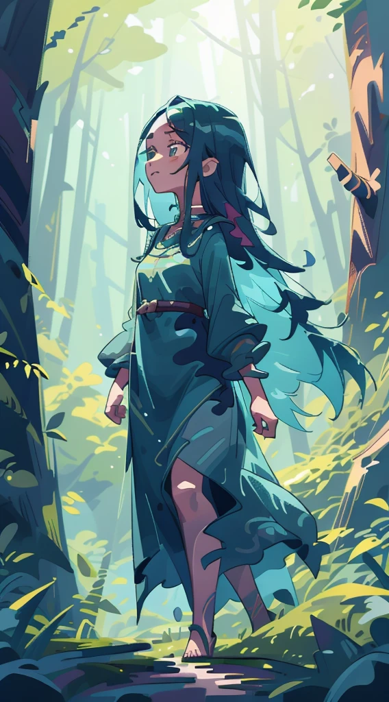a beautiful girl walking in a dark, dense forest, sunlight filtering through the lush foliage, detailed facial features, long flowing hair, elegant dress, enchanting expression, serene and mystical atmosphere, dramatic lighting, photorealistic, cinematic composition, vibrant colors, highly detailed, fantasy art