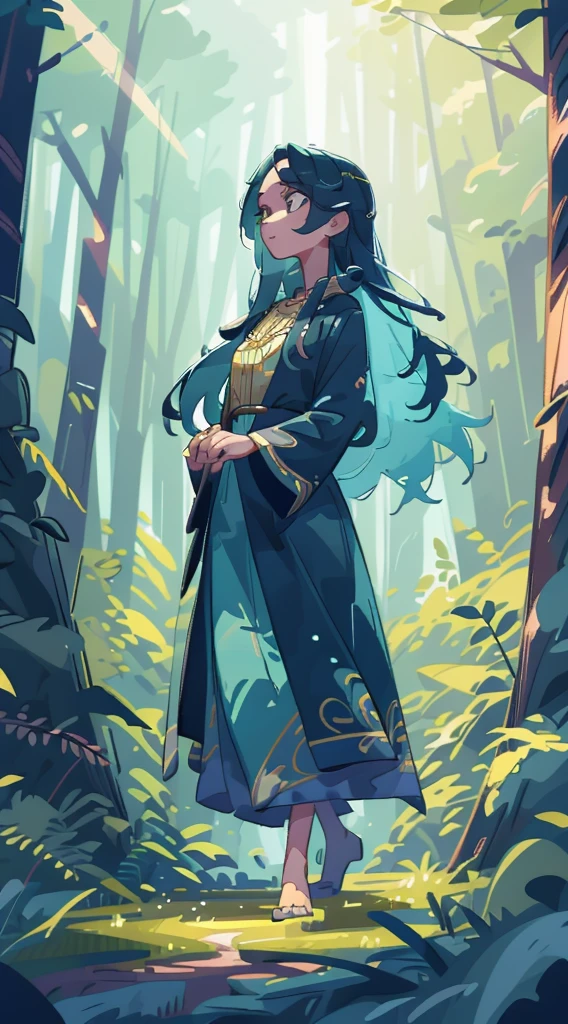 a beautiful girl walking in a dark, dense forest, sunlight filtering through the lush foliage, detailed facial features, long flowing hair, elegant dress, enchanting expression, serene and mystical atmosphere, dramatic lighting, photorealistic, cinematic composition, vibrant colors, highly detailed, fantasy art