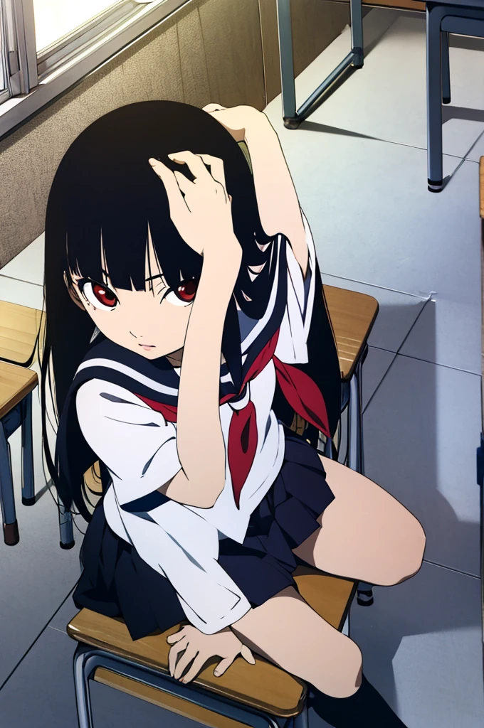 (masterpiece, best quality, detailed), 1girl, solo, Enma Ai, long hair, black hair, hime cut, bangs, blunt bangs, red eyes, looking at viewer, flat chest,
, serafuku, serafuku, skirt, indoors, classroom, school desk, window, school chair, curtains, chalkboard, leaning forward, adjusting hair, hand in own hair, hand on own thigh, from above, dutch angle, closed mouth