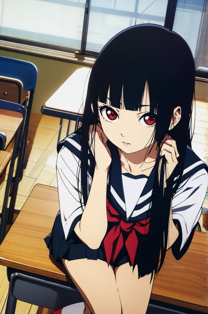 (masterpiece, best quality, detailed), 1girl, solo, Enma Ai, long hair, black hair, hime cut, bangs, blunt bangs, red eyes, looking at viewer, flat chest,
, serafuku, serafuku, skirt, indoors, classroom, school desk, window, school chair, curtains, chalkboard, leaning forward, adjusting hair, hand in own hair, hand on own thigh, from above, dutch angle, closed mouth