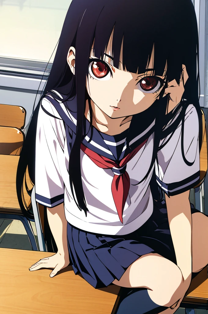 (masterpiece, best quality, detailed), 1girl, solo, Enma Ai, long hair, black hair, hime cut, bangs, blunt bangs, red eyes, looking at viewer, flat chest,
, serafuku, serafuku, skirt, indoors, classroom, school desk, window, school chair, curtains, chalkboard, leaning forward, adjusting hair, hand in own hair, hand on own thigh, from above, dutch angle, closed mouth