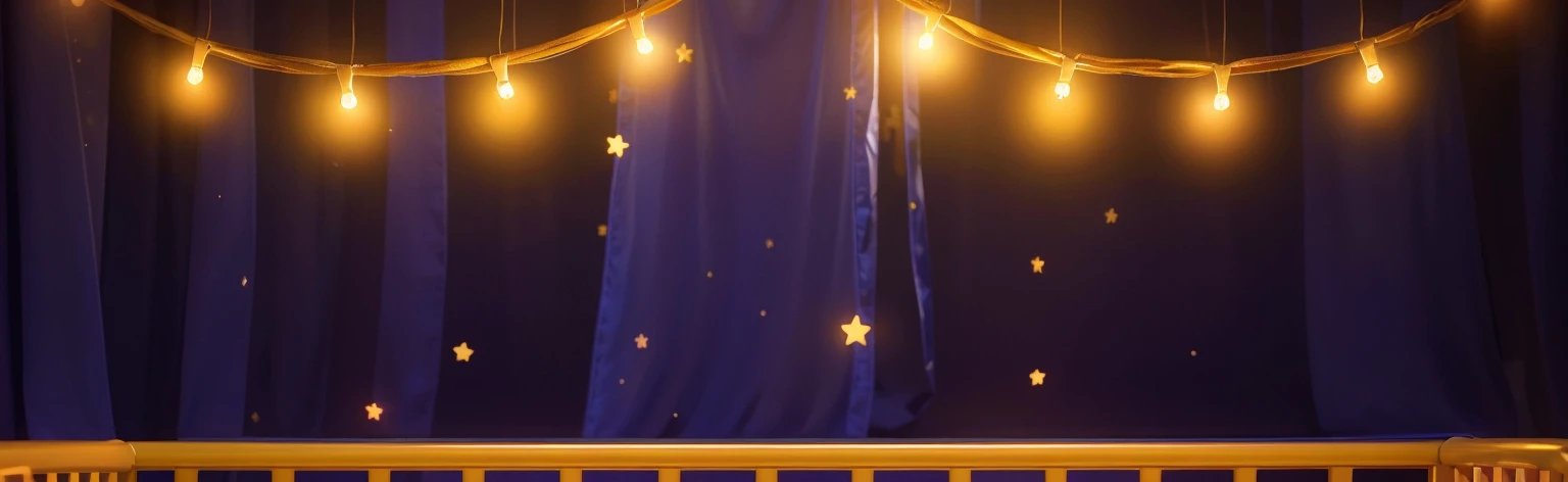 The image presents a charming view of a children's cot set against a backdrop of deep purple curtains adorned with twinkling stars. The cot features a sturdy, warm orange frame, complementing the magical atmosphere. Overhead, a string of glowing, warm yellow lights adds a gentle, comforting illumination, enhancing the dreamlike quality of the scene. This setup creates a serene and inviting space, perfect for a child's restful night. The purple background adds a vibrant contrast to his attire and accessories.аffects render, (glossy plastic texture with multiple big light probe refractions), perfect cgi, smooth silhouette, high intensity refraction, (super glossy plastic material), most beautiful vfx, , realistic, 4k, high resolution, rim light, smooth 3d model, multiple light sources, rim light, sharp post effects render,, realistic, 4k, high resolution, rim light detailed digital art, reflective, best quality, 4k, masterpiece:1.2, ultra-detailed, realistic, vivid colors, The image of the highest quality, ensuring every detail showcased perfectly. It in 4k resolution, allowing viewers to immerse themselves in the richness of the colors and intricate details. The realistic rendering. under the spotlight, reflecting, high-resolution image, realistic rendering