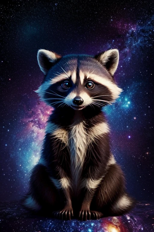 Raccoon with big eyes, galaxy background 