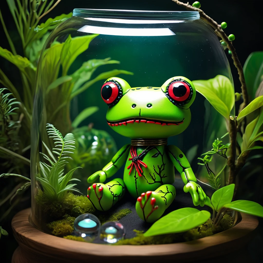 (knitted toy voodoo doll:1.7), (Voodoo Frog in Terrarium:1.3), (Clothing: dark skin with glowing green spots:1.0), (Accessories: enchanted cursed branch, glowing ethereal water dish, mystical haunted terrarium:1.2), (background: eerie terrarium with floating, glowing water droplets and croaking sounds:1.2), best quality, masterpiece, detailed soft oil painting, detailed background, dramatic cinematic lighting, soft edge lighting, professional, dramatic lighting, hard edge lighting, ultra quality, 4k, masterpiece, best quality, 8k, ultra high definition, high resolution, extremely detailed