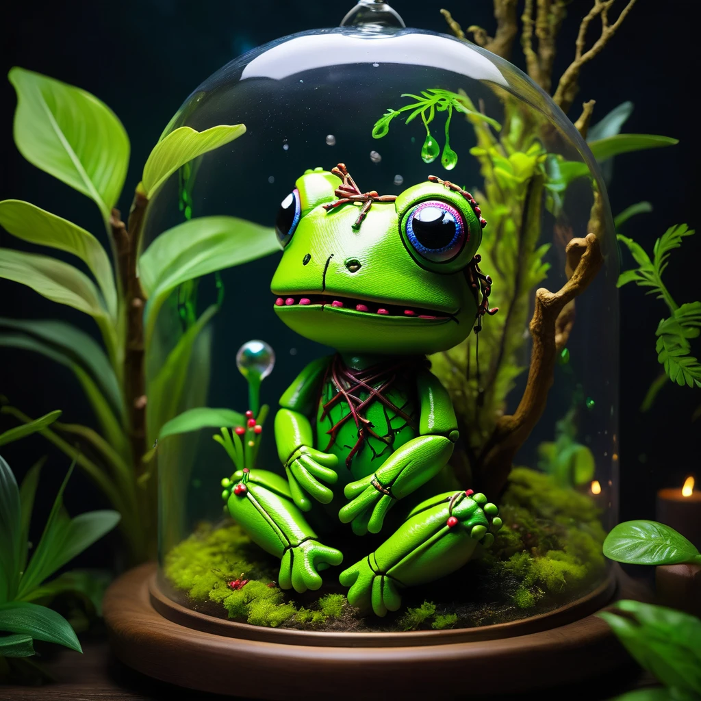 (knitted toy voodoo doll:1.7), (Voodoo Frog in Terrarium:1.3), (Clothing: dark skin with glowing green spots:1.0), (Accessories: enchanted cursed branch, glowing ethereal water dish, mystical haunted terrarium:1.2), (background: eerie terrarium with floating, glowing water droplets and croaking sounds:1.2), best quality, masterpiece, detailed soft oil painting, detailed background, dramatic cinematic lighting, soft edge lighting, professional, dramatic lighting, hard edge lighting, ultra quality, 4k, masterpiece, best quality, 8k, ultra high definition, high resolution, extremely detailed