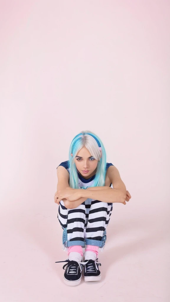 Cute Girl with Blue eye white hair as long as her waist, pretty is written on the pink tshirt, very short blue jeans with black shoes with 9ne white line stripe on the sides