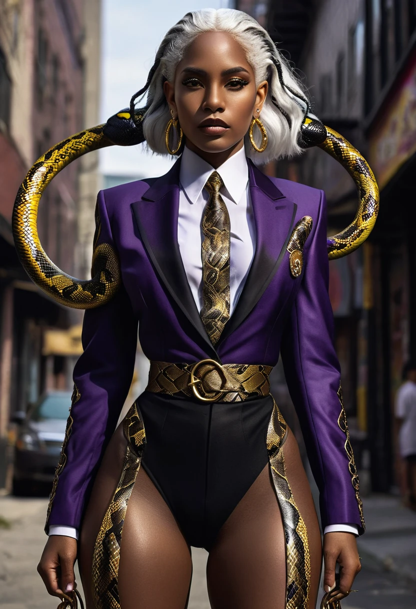 A  with a leash of straight white hair, dark skin, Latin ancestry, purple irises, wearing a black tatical suit with golden threads and wearing golden earrings shaped like snakes. Detailed eyes, detailed face, intricate grunge outfits, cinematic lighting, realistic concept art of strong backlighting. wide hips, large butt, small waist