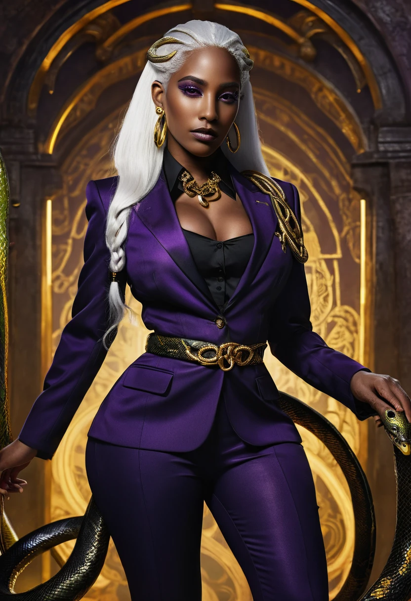 A  with a leash of straight white hair, dark skin, Latin ancestry, purple irises, wearing a black tatical suit with golden threads and wearing golden earrings shaped like snakes. Detailed eyes, detailed face, intricate grunge outfits, cinematic lighting, realistic concept art of strong backlighting. wide hips, large butt, small waist