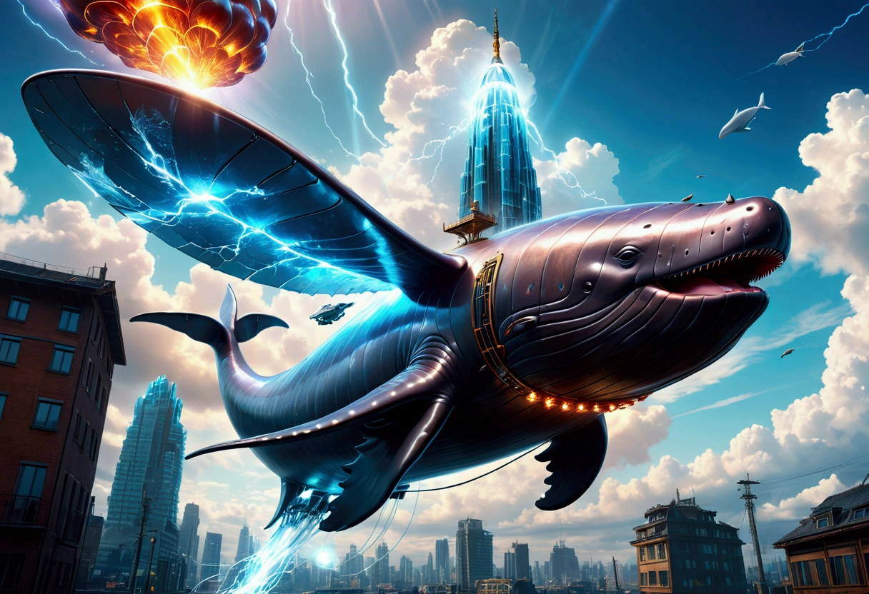 Cyberpunk style sperm whale flying in the sky, Huge transparent wings, (electricity),(flame),(ice),(gem),cloud, Metal Material,Wood texture, Depth of Field, Blurred background,A fusion of aesthetics and dynamics,Wide-angle lens ,(masterpiece, Top quality, best quality, Official Art, beautiful and aesthetic:1.2), rich and colorful, Glowing skin,
