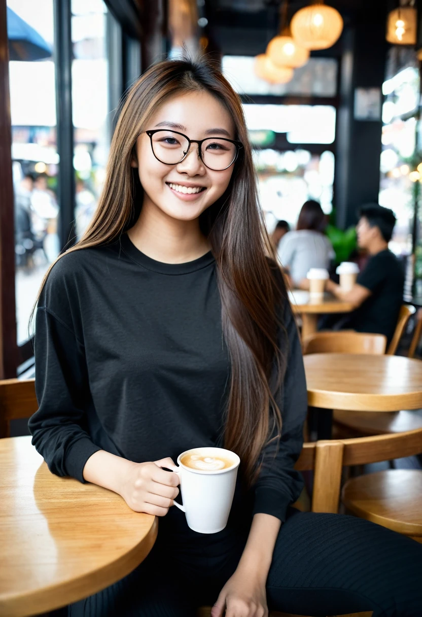 A beautiful slim young 20 year old asian girl with long brown hair wearing full selves pure black tshirt and pure black track pants sitting in a coffe shop with a white coffe cup smiling. behind of the girl are glasses and a other seats