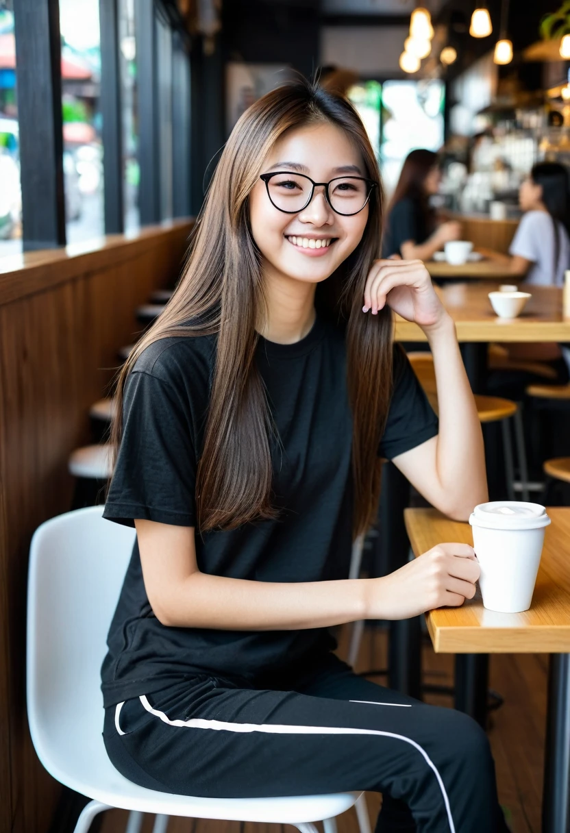 A  beautiful slim young 20 year old asian girl with long  brown hair wearing full selves pure  black tshirt and  pure black track pants sitting in a coffe shop with a white coffe cup smiling. behind of the girl are glasses and a other seats