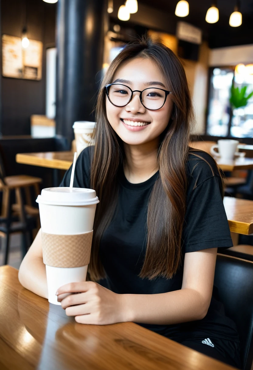 A beautiful slim young 20 year old asian girl with long brown hair wearing full selves pure black tshirt and pure black track pants sitting in a coffe shop with a white coffe cup smiling. behind of the girl are glasses and a other seats