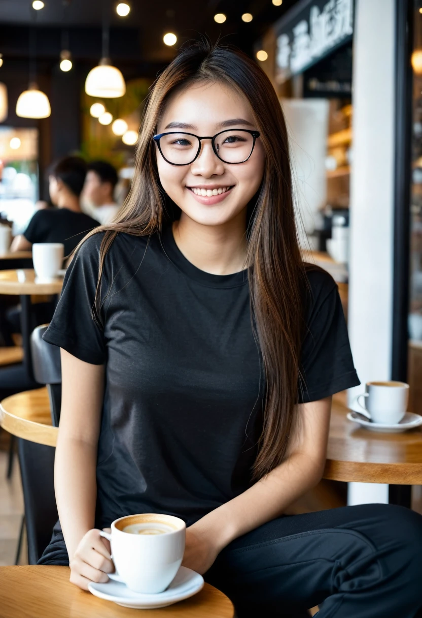 A beautiful slim young 20 year old asian girl with long brown hair wearing full selves pure black tshirt and pure black track pants sitting in a coffe shop with a white coffe cup smiling. behind of the girl are glasses and a other seats