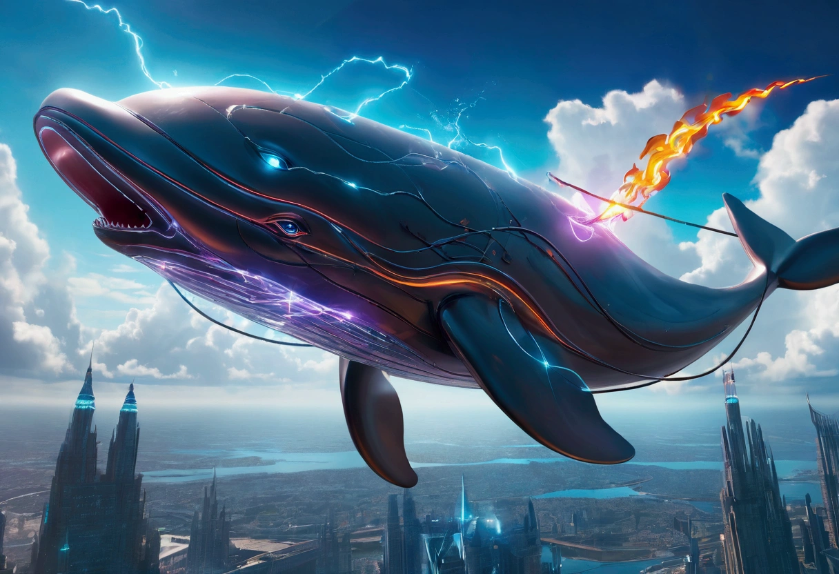 Cyberpunk style sperm whale flying in the sky, Huge transparent wings, (electricity),(flame),(ice),(gem),cloud, Metal Material,Wood texture, Depth of Field, Blurred background,A fusion of aesthetics and dynamics,Wide-angle lens ,(masterpiece, Top quality, best quality, Official Art, beautiful and aesthetic:1.2), rich and colorful, Glowing skin,