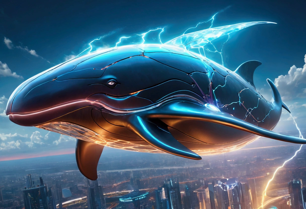 Cyberpunk style sperm whale flying in the sky, Huge transparent wings, (electricity)，(flame)，(ice)，(gem)，cloud, Metal Material，Wood texture, Depth of Field, Blurred background,A fusion of aesthetics and dynamics,Wide-angle lens ,(masterpiece, Top quality, best quality, Official Art, beautiful and aesthetic:1.2), rich and colorful, Glowing skin,