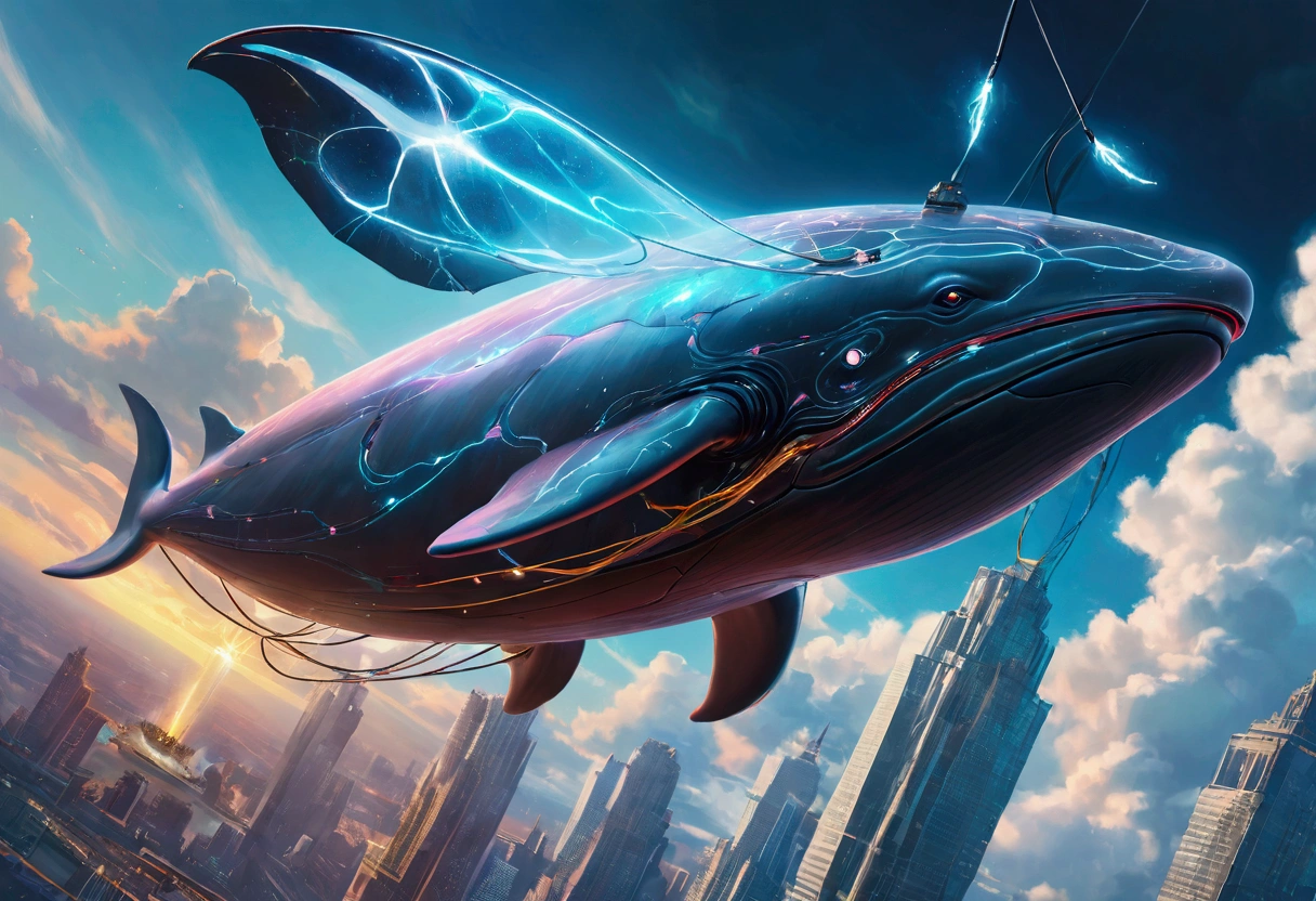 Cyberpunk style sperm whale flying in the sky, Huge transparent wings, (electricity),(flame),(ice),(gem),cloud, Metal Material,Wood texture, Depth of Field, Blurred background,A fusion of aesthetics and dynamics,Wide-angle lens ,(masterpiece, Top quality, best quality, Official Art, beautiful and aesthetic:1.2), rich and colorful, Glowing skin,