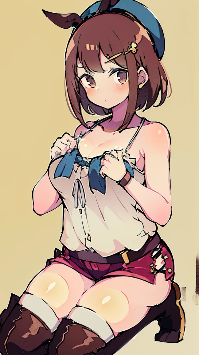 (Highest quality, 8k, masterpiece :1.3),Lizaリン・シュタウト(Lizaのアトリエ),Liza, One woman,Large Breasts,short hair,Brown Hair,hair band,Clothing,hat,White shirt,White camisole,Red shorts,Brown long boots,Blowjob,nsfw,Plump body,Thighs,Full Nelson Pose,Armlock,Piledriver