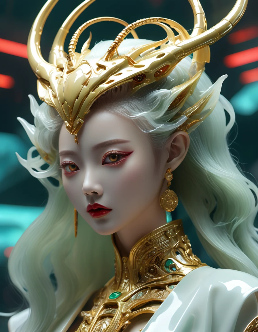 A fashion runway for alien technology , Exquisite face,vogue photography , Inspired by Chinese Xianxia and cyberpunk。(Best quality,4K,8k,A high resolution,Masterpiece:1.2), (Realistic,Photorealistic,photo-realistic:1.37).Gold inlaid jade style,Shiny,Exquisite,Hell Girl,Riding the Ruby Monster
