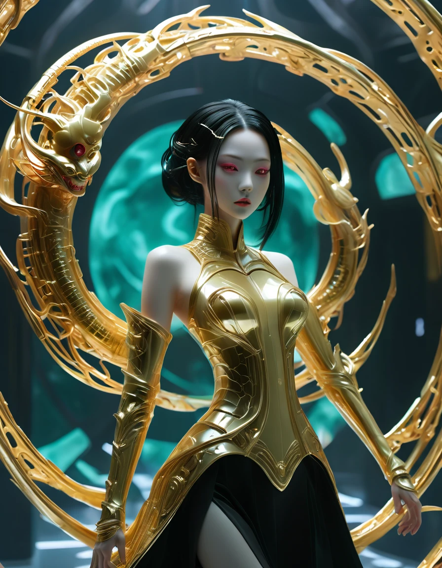 A fashion runway for alien technology , Exquisite face，vogue photography , Inspired by Chinese Xianxia and cyberpunk。(Best quality,4K,8k,A high resolution,Masterpiece:1.2), (Realistic,Photorealistic,photo-realistic:1.37).Gold inlaid jade style，Shiny，Exquisite，Hell Girl，Riding the Ruby Monster