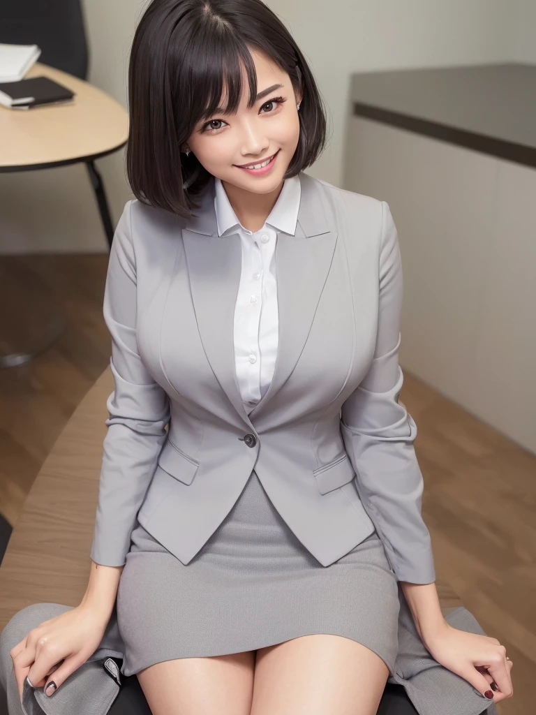(Highest quality:1.5)、(masterpiece)、(8k:1.5)、Very detailed、Realistic、(One beautiful woman:1.2)、(Looking at me with a smile:1.5)、whole body、(Black Hair)、Short Hair、Small face、(Slender:1.2)、(Big Breasts:1.2)、(A tight-fitting white business shirt with buttons and a collar:1.2)、(short tight skirt in gray,:1.2)、(A tight grey business jacket that accentuates the shape of the bust:1.2)、office、(Sit on a chair and spread your legs wide:1.2)