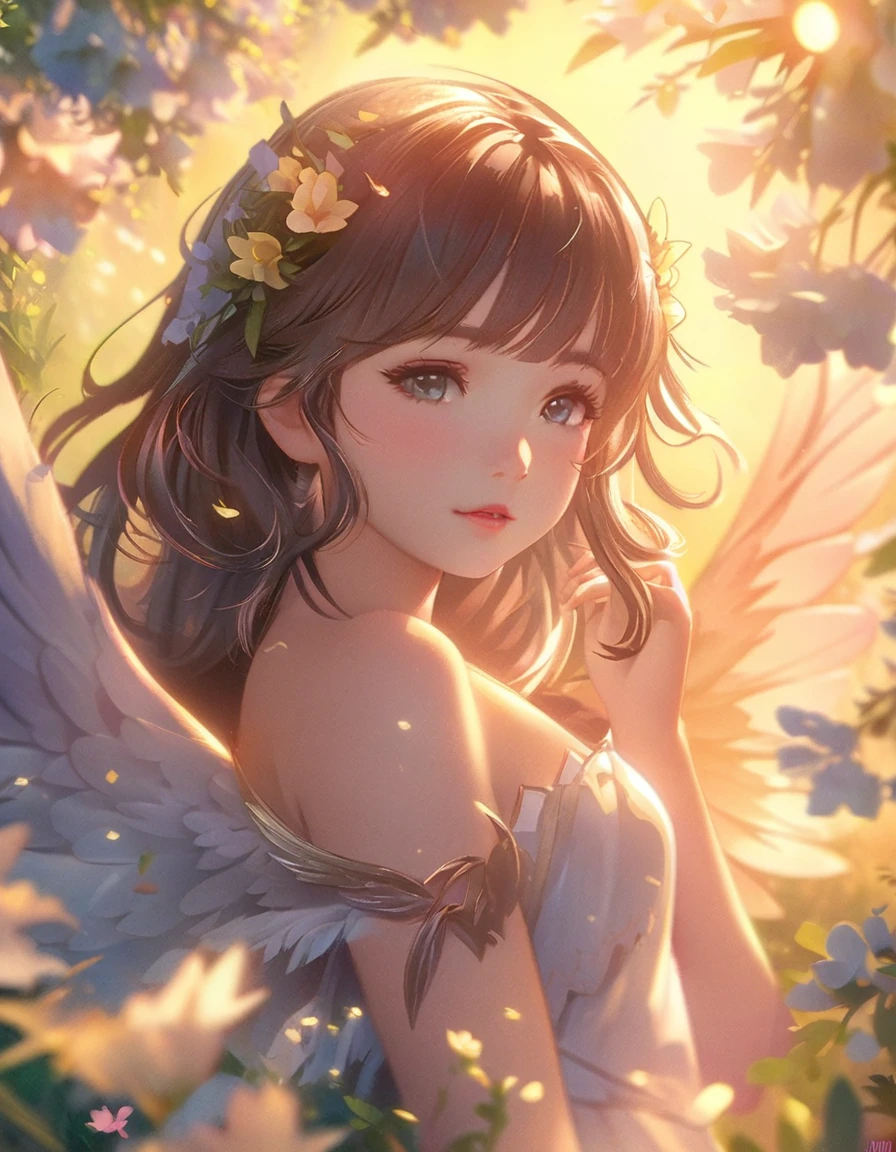 Anime girl with wings and flowers in her hair, Detailed digital anime art, anime art wallpaper 4k, anime art wallpaper 4k, Anime Style 4k, Gwaiz on pixiv artstation, Anime Art Wallpapers 8K, 8K high quality, detailed art, Gwaiz, Gwaiz on artstation pixiv