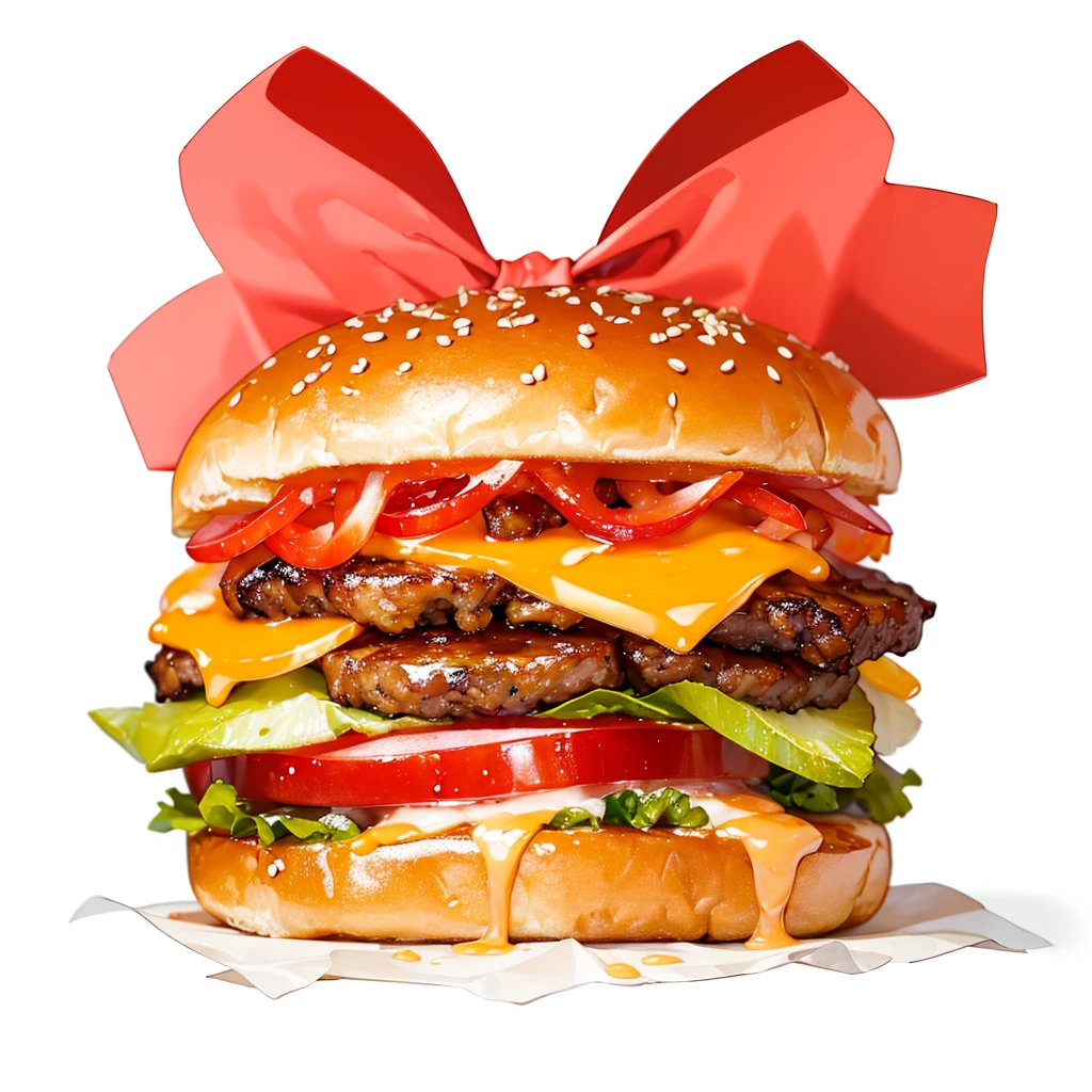 ((masterpiece)), ((Highest quality)), A decadent gourmet burger with perfectly melted cheese and fresh vegetables,Cute hamburger，Fantasy Creation，Dressed up hamburger,Can be served.
