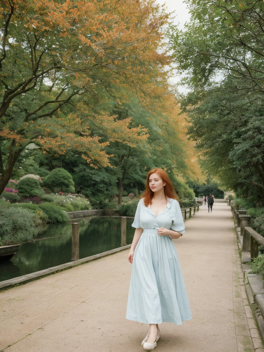 her name is Amelie, high quality, 1girl, ((25-year-old fit Caucasian woman)), ((large breasts)), ((25 years old)), ((slim)), ((straight auburn hair)), pose: standing, wearing Popular Generation-Z modern wear elegant colored, BACKGROUND: "Strolling through Monet's garden, with its famous water lily pond and Japanese bridge."
