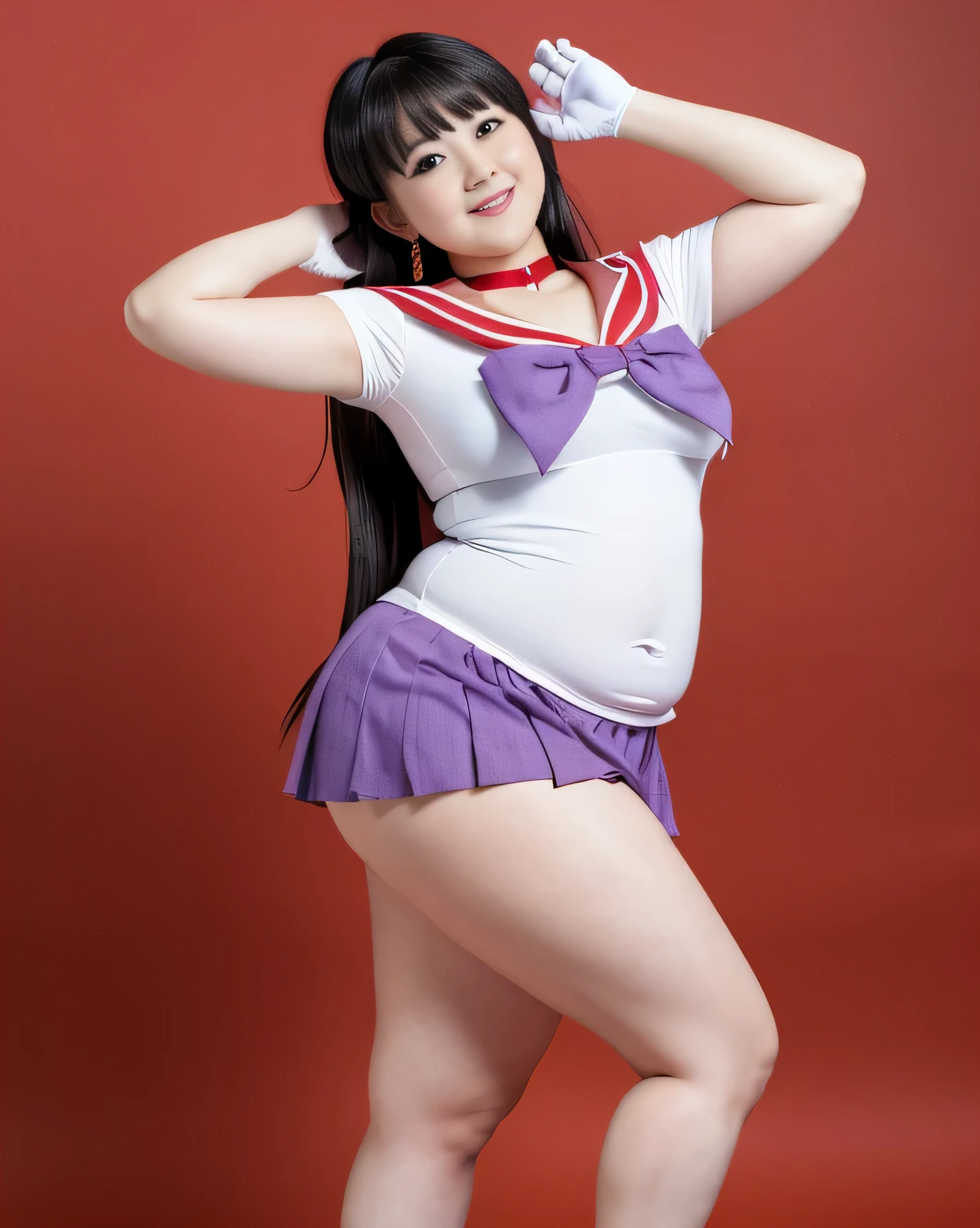 ((8K)), highest quality, 超High resolution, (High resolution), 1 girl, Overweight, ((Extremely fat)), ((Chubby)), Japanese, ((twinkle smile)), Sailor Warrior Costumes,White gloves,Red Sailor Collar,Red Skirt,Star Choker,Elbow hand pockets,Pleated skirt,barefoot,Purple ribbon,smile,,Uptrend,pants,Accentuate your breasts