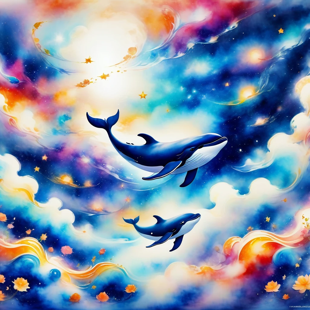 (Flying whales,In space), nebula(Artworks by Slawomir-Maniak), Lush Watercolor Palette Canvas/Acrylic Fiber, complex, Extreme details, Complex Key, ((Single shot)), ((best quality)), ((masterpiece)) , ( (Practical)), (Ideally), 8K, Impressionism: 0.2 Full HD wallpapers