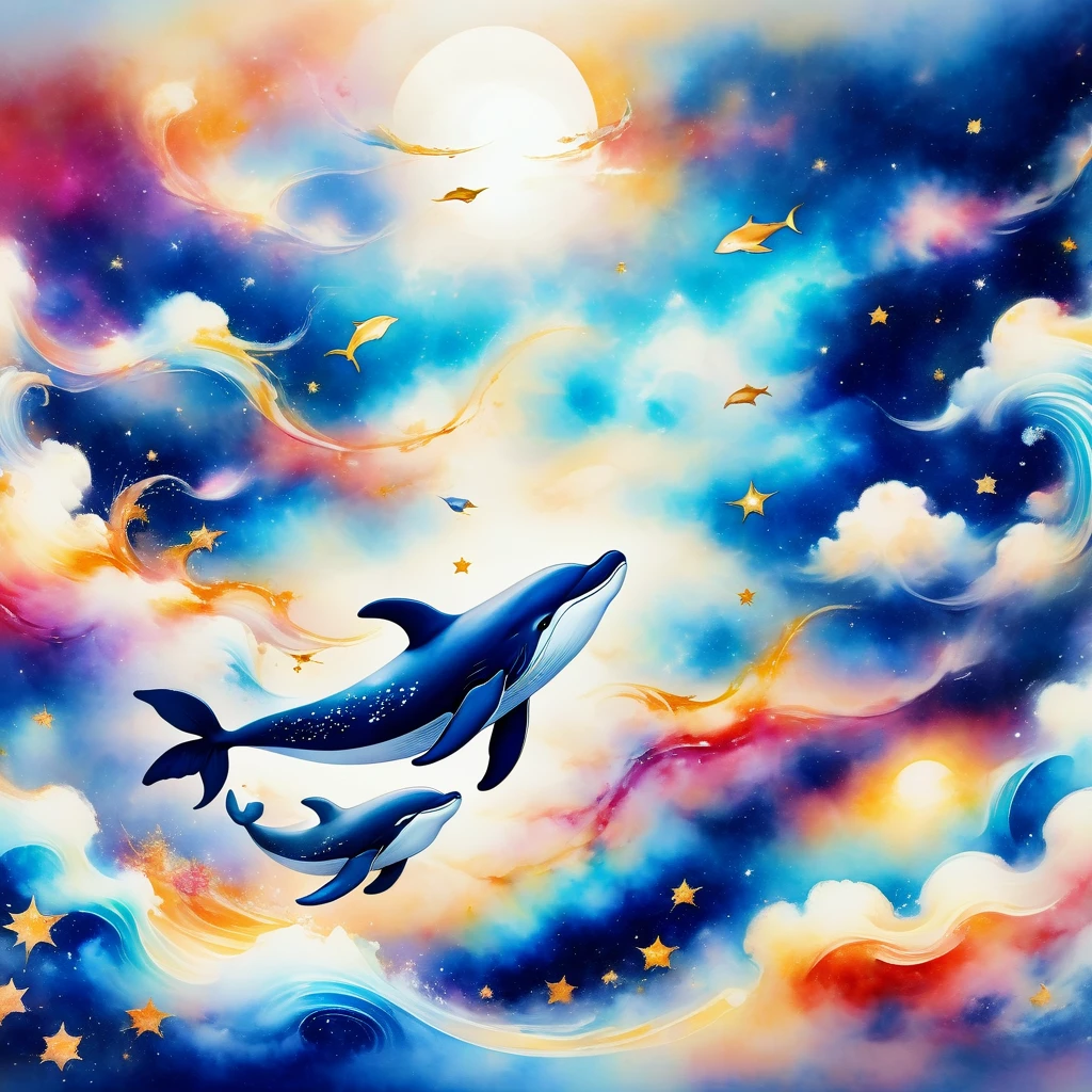 (Flying whales,In space), nebula(Artworks by Slawomir-Maniak), Lush Watercolor Palette Canvas/Acrylic Fiber, complex, Extreme details, Complex Key, ((Single shot)), ((best quality)), ((masterpiece)) , ( (Practical)), (Ideally), 8K, Impressionism: 0.2 Full HD wallpapers