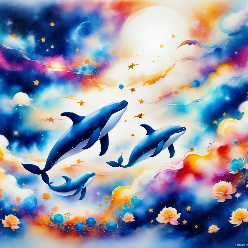 (Flying whales,In space), nebula(Artworks by Slawomir-Maniak), Lush Watercolor Palette Canvas/Acrylic Fiber, complex, Extreme details, Complex Key, ((Single shot)), ((best quality)), ((masterpiece)) , ( (Practical)), (Ideally), 8K, Impressionism: 0.2 Full HD wallpapers