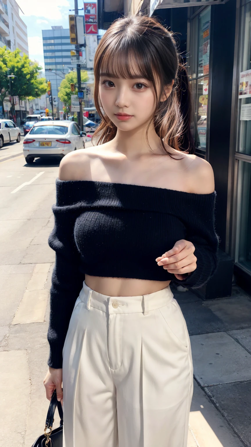 Short length、 ((White knitted loose off-shoulder top、Cropped trousers)),  Brown Skin、Huge breasts, expresses the roundness and softness of the chest area, (plumpy body, perfect body shape), Medium ponytail、Light brown hair,Messy bangs、Cheeky look、Redness on the cheeks、Raise the corners of the eyes、Triumphant thin eyebrows、Young Face、 ((Very detailed)), Perfectly detailed face, Great hands, Photorealistic images、((Full Body Shot、Shooting from the side))、street、Sexy pose