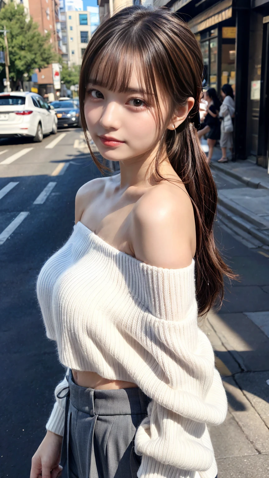 Short length、 ((White knitted loose off-shoulder top、Cropped trousers)), Brown Skin、Huge breasts, expresses the roundness and softness of the chest area, (plumpy body, perfect body shape), Medium ponytail、Light brown hair,Messy bangs、Cheeky look、Redness on the cheeks、Raise the corners of the eyes、Triumphant thin eyebrows、Young Face、 ((Very detailed)), Perfectly detailed face, Great hands, Photorealistic images、((Full Body Shot、Shooting from the side))、street、Sexy pose