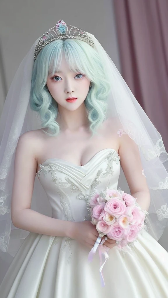 Beautiful woman like an actress tiara Wedding dress Pastel hair color