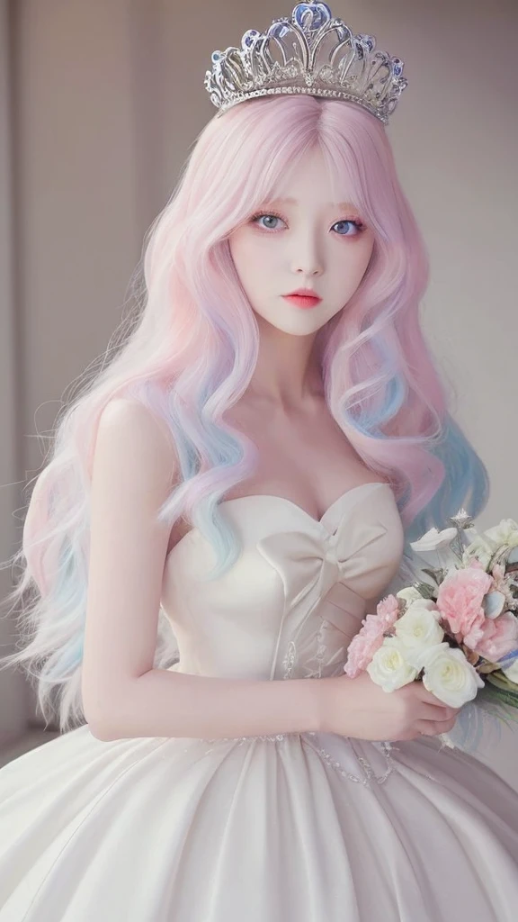 　Beautiful woman like an actress　tiara　Wedding dress　Pastel hair color
